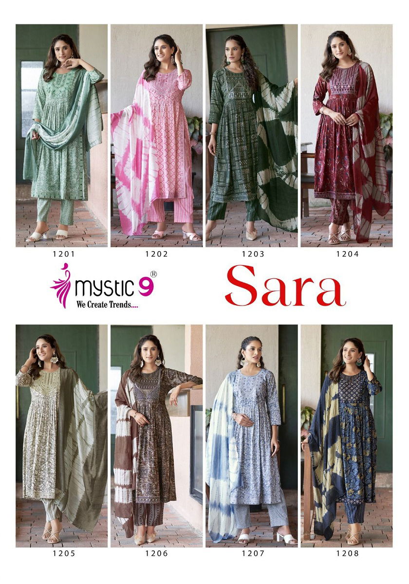 Sara Vol 12 By Mystic 9 Naira Cut Foil Printed Kurti With Bottom Dupatta Wholesale Market In Surat
